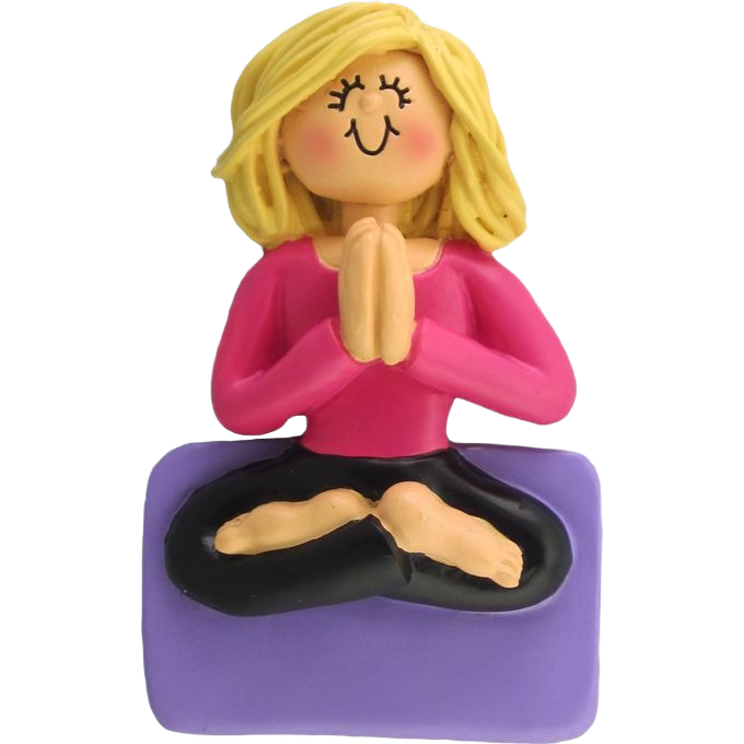 Blonde female figurine in pink top meditating cross-legged on purple cushion ornament for Christmas tree decor under $50 collection