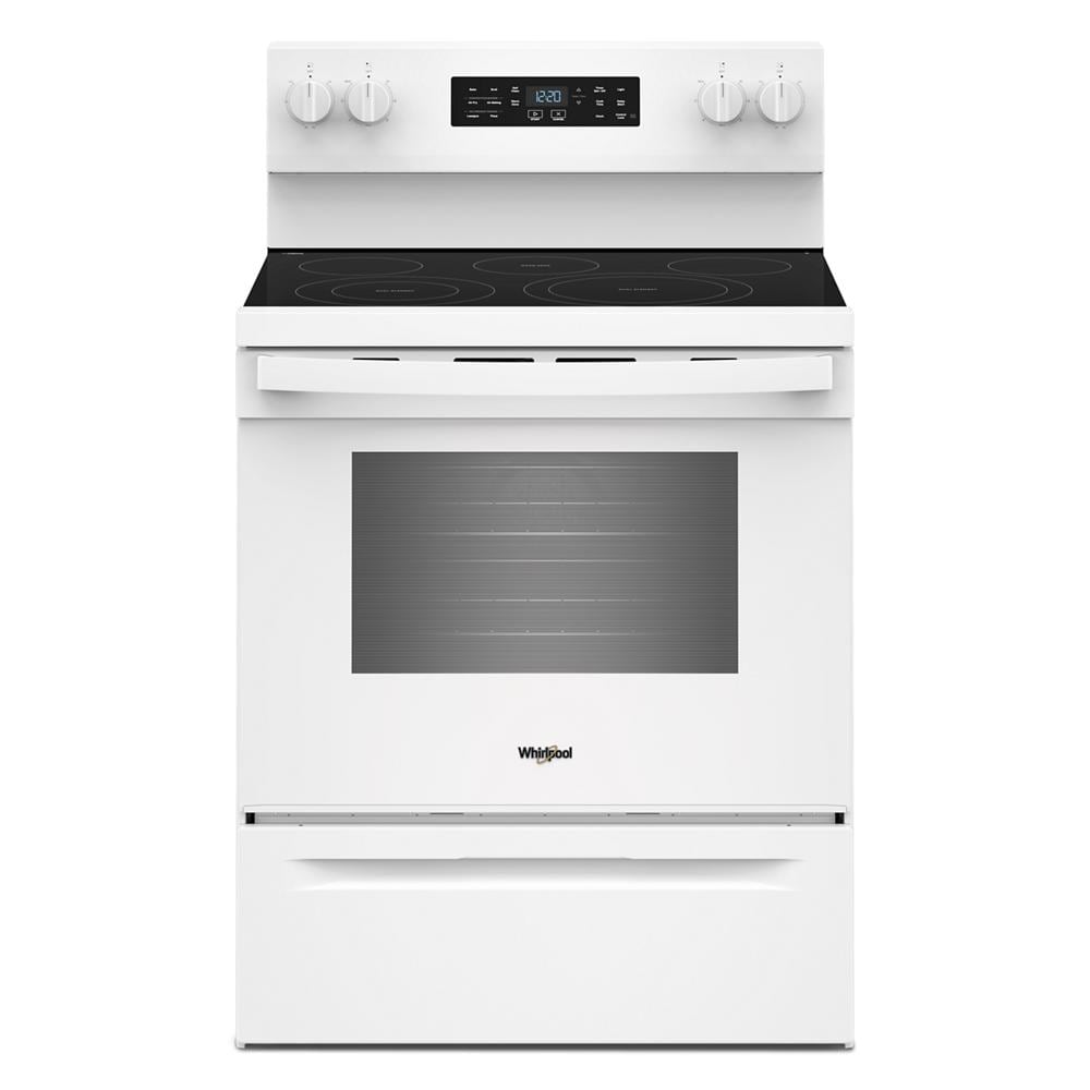 white 30-inch electric range with smooth cooktop and digital display in kitchen appliances and home improvement collection