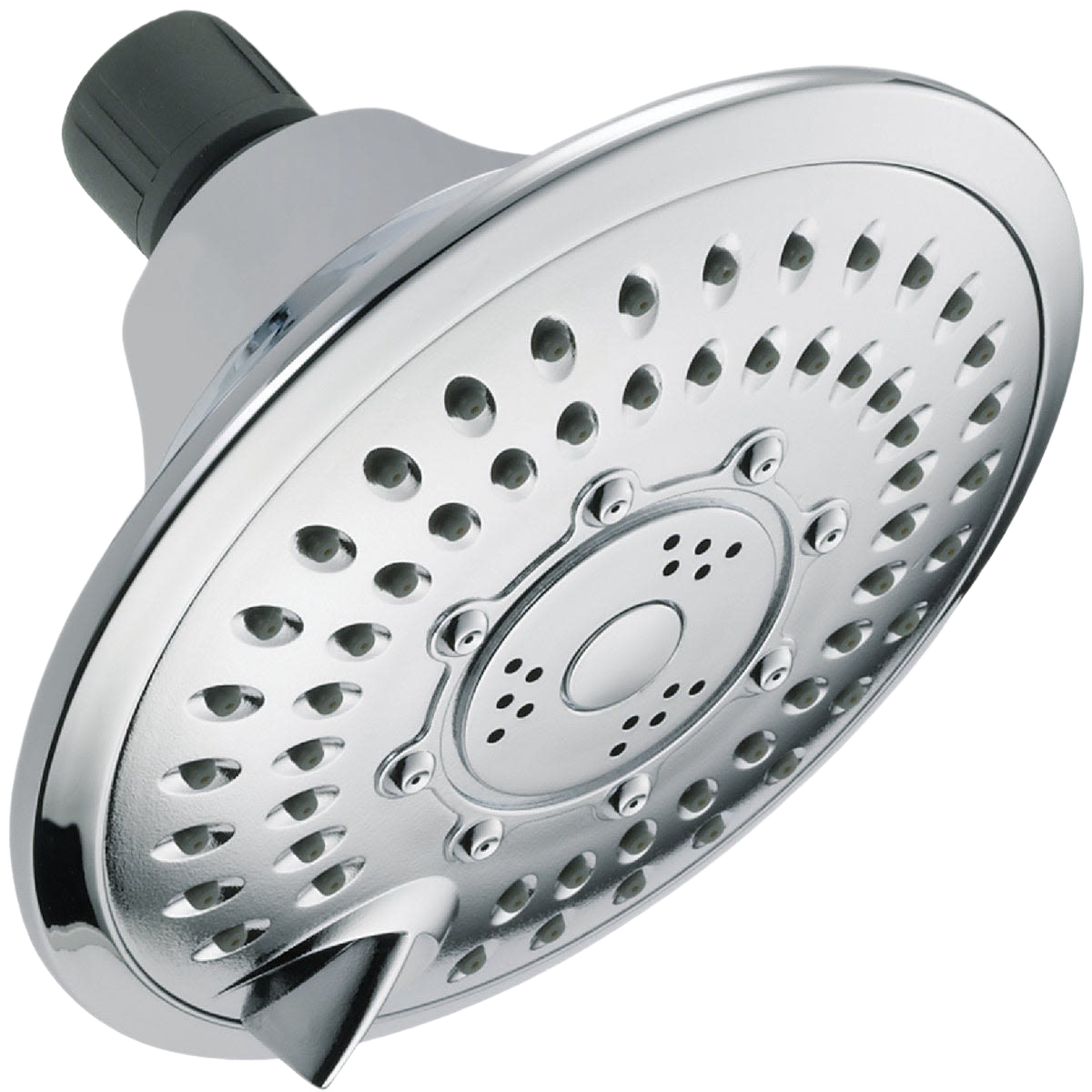 Chrome-finished five-setting shower head with adjustable spray patterns for bathroom plumbing and home improvement projects