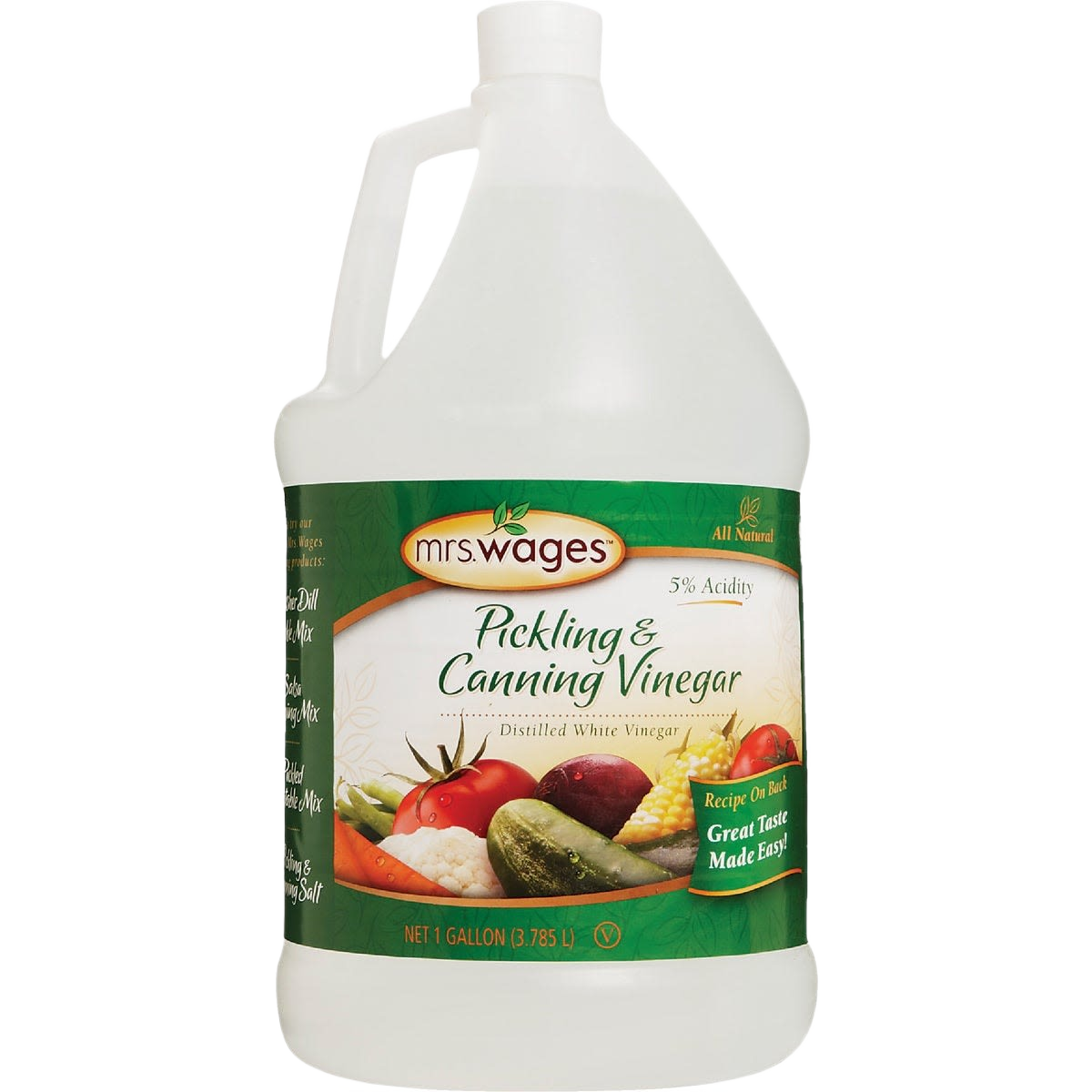 One gallon jug of Mrs. Wages pickling and canning vinegar with 5% acidity for kitchenware use
