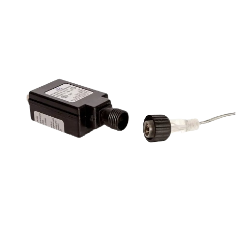 Black outdoor electrical connector box with threaded end and attached cord for waterproof cable connections