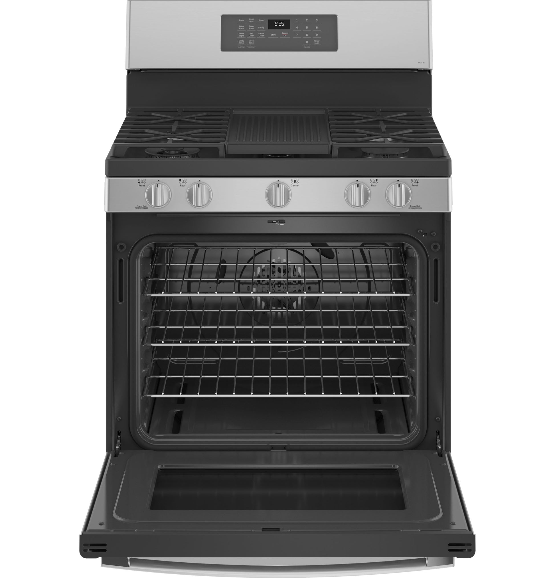 Free-standing stainless steel gas range with open oven door showing racks and digital control panel for kitchen appliances collection