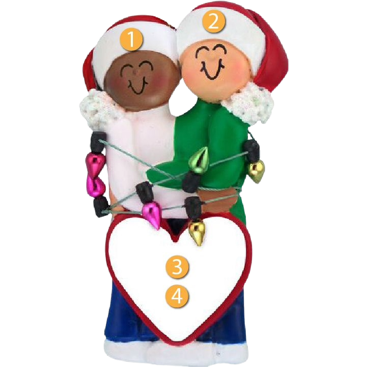Personalized interracial couple ornament in Santa hats holding holiday lights and heart, Christmas tree decoration under $50
