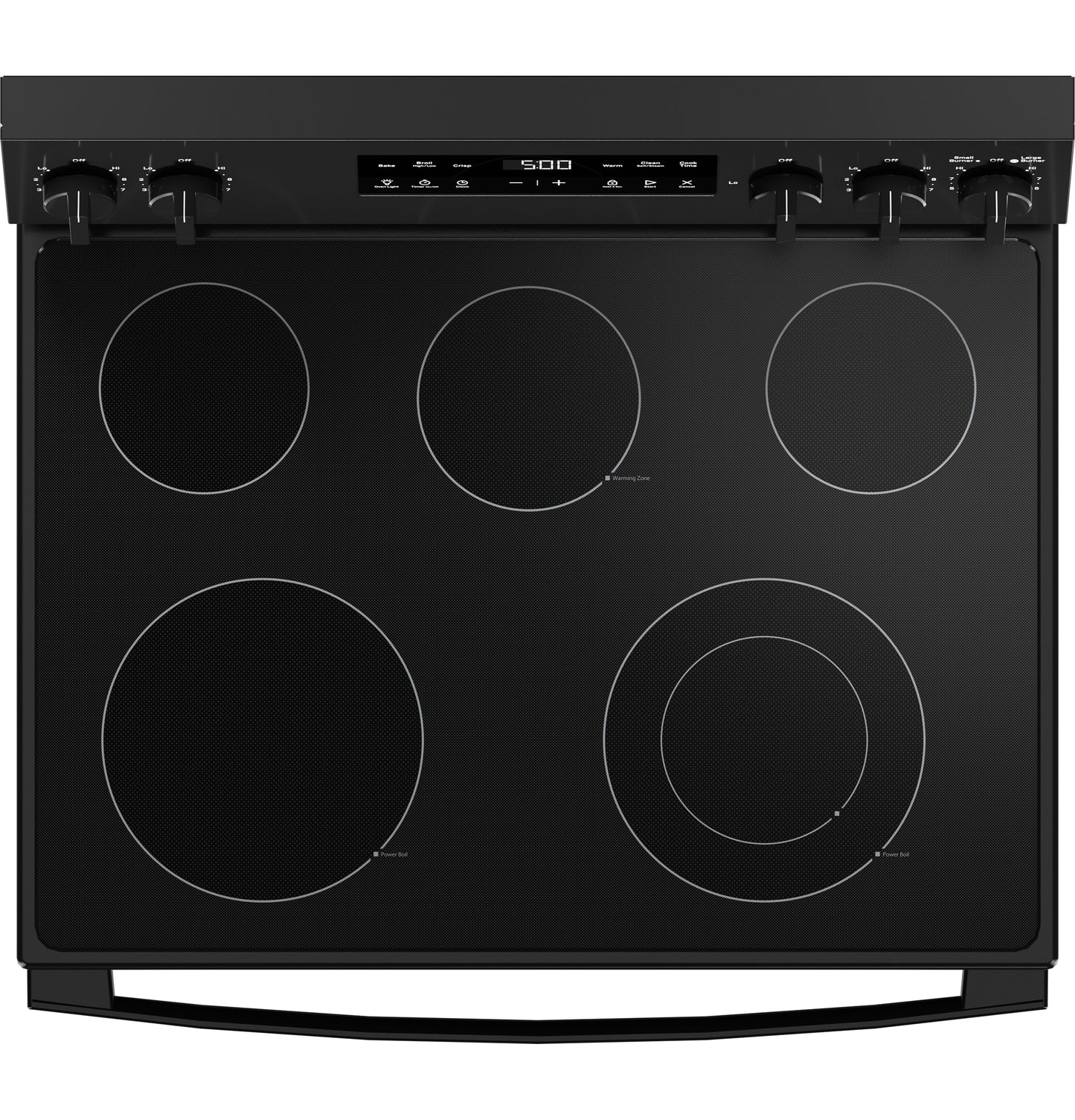 Black electric cooktop with five radiant cooking elements and front control knobs in electric ranges collection