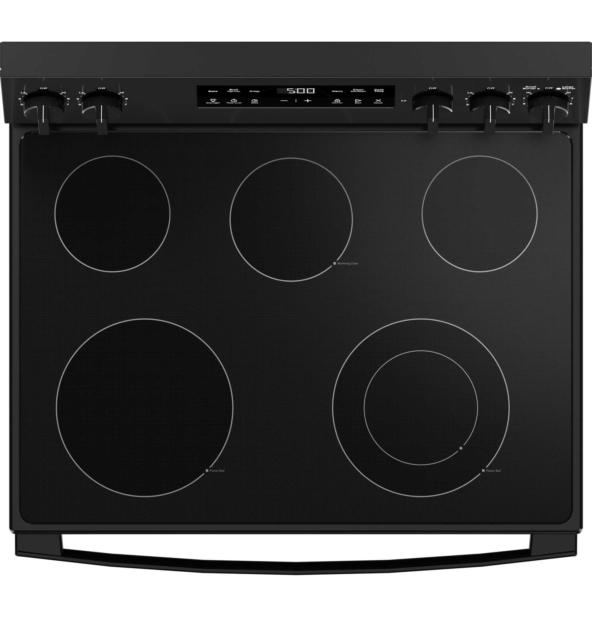 Black electric cooktop with five radiant cooking elements and front control knobs in electric ranges collection