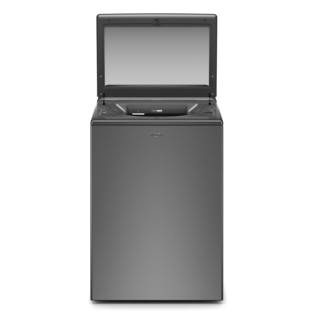 Front view of gray top load washer with open lid showcasing interior tub and control panel from Top Load Washers collection