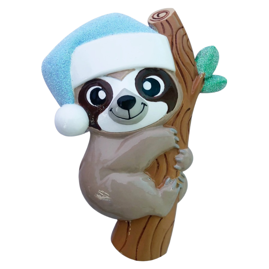 Cute blue Santa hat-wearing baby sloth clinging to tree branch Christmas ornament under $50 for holiday decor
