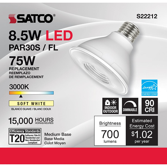 Satco soft white LED medium base floodlight bulb with 700 lumens, dimmable and suitable for indoor and outdoor use