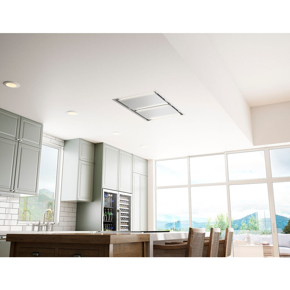 Ceiling-mounted modern range hood with minimalist design in bright kitchen interior from Range Hoods collection