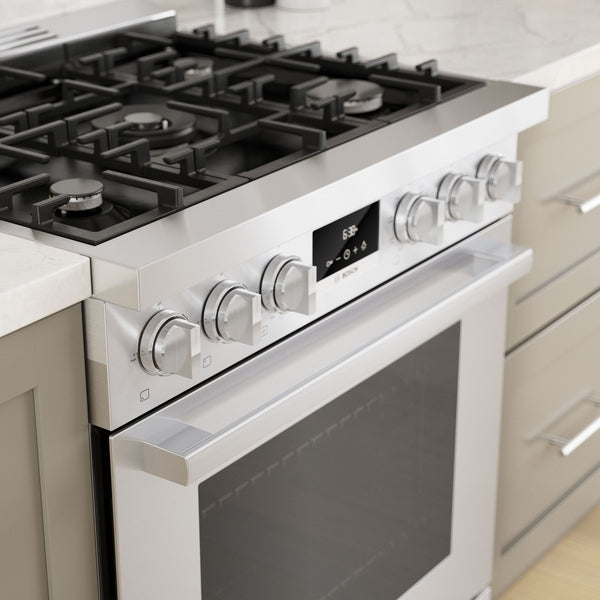 stainless steel dual fuel freestanding range with porcelain-enameled surface and heavy-duty metal knobs for kitchen appliances