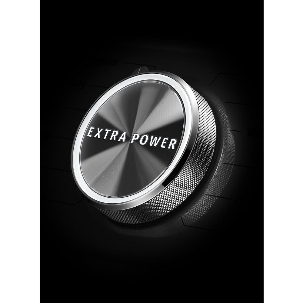 Close-up of metallic control knob labeled Extra Power for smart front load washers in appliances collection