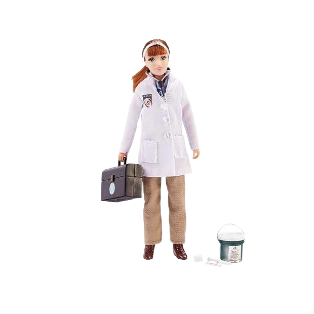 Figure of a female veterinarian wearing a white coat holding a black vet kit with medical accessories nearby