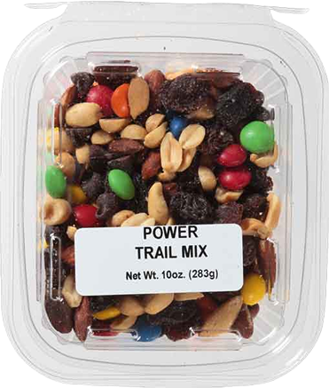 Clear plastic container filled with nut and candy trail mix labeled Power Trail Mix, snack in Food & Beverage collection