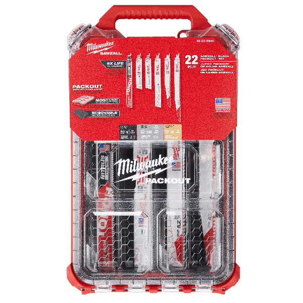 Red Milwaukee PACKOUT™ case containing 22 assorted SAWZALL® blades for power tool cutting and woodworking tasks