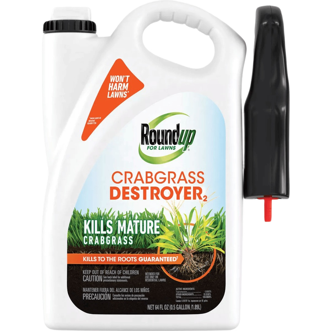 White 2.5-gallon lawn weed killer container with attached black trigger spray for crabgrass control in lawn care collection
