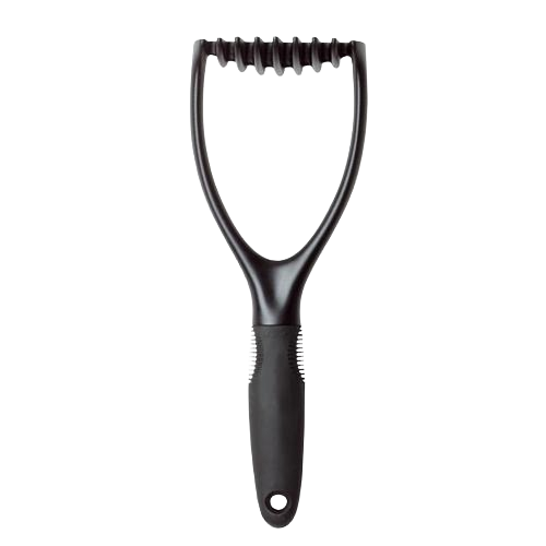 Black nylon kitchen masher with ergonomic handle for mashing potatoes and vegetables in cooking utensils collection