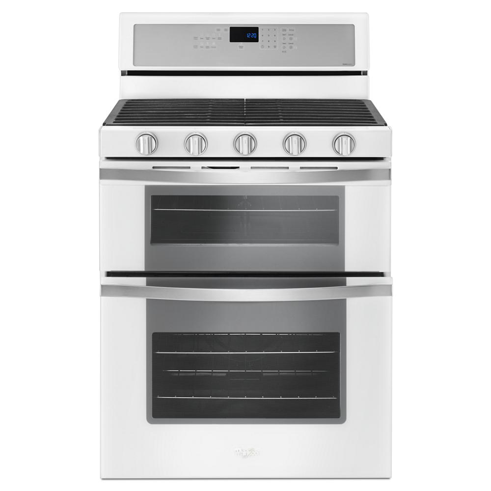 stainless steel gas double oven range with five control knobs and digital display in ranges and kitchen appliances collection