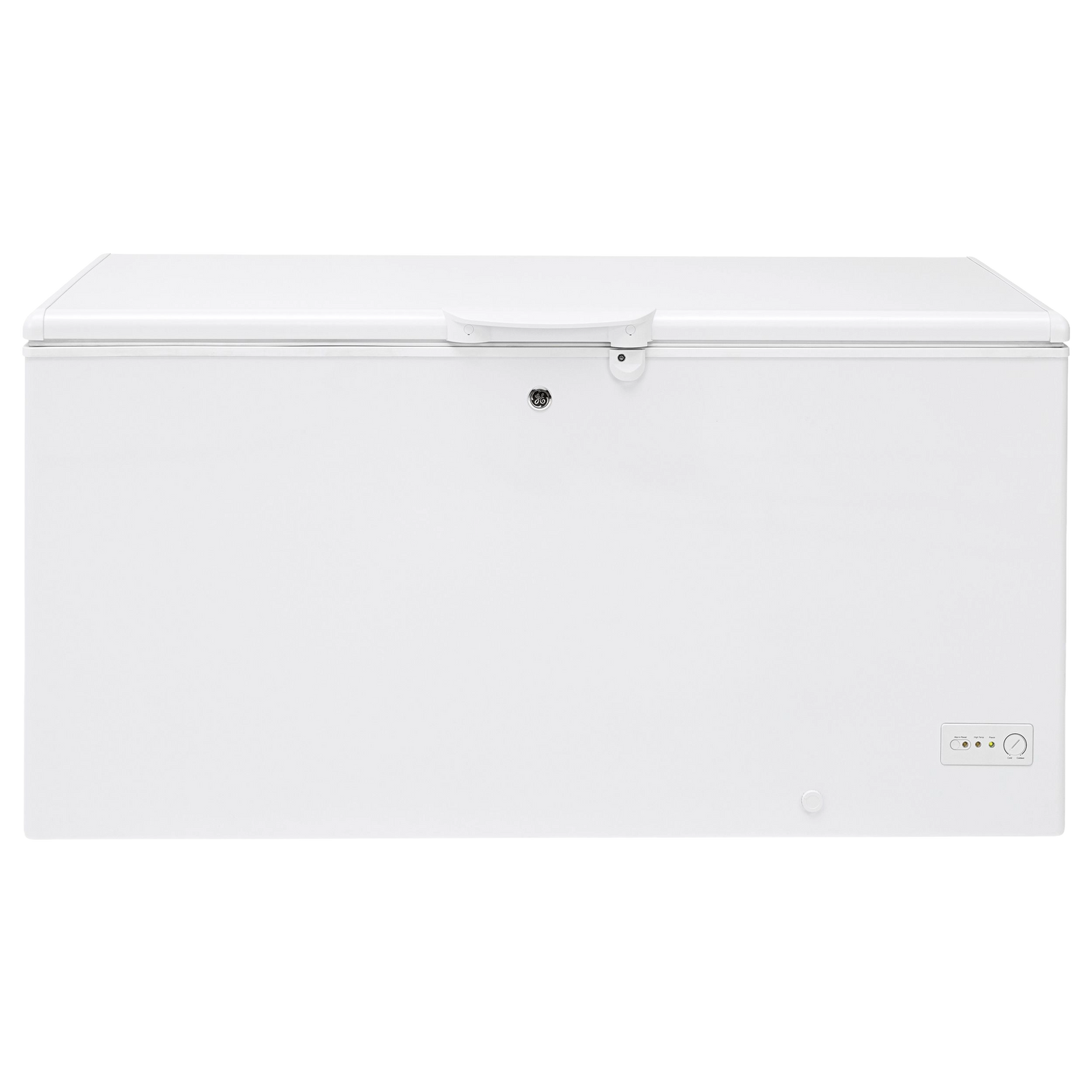 White manual defrost chest freezer with control dial and lock, designed for kitchen and appliance use in freezer collections