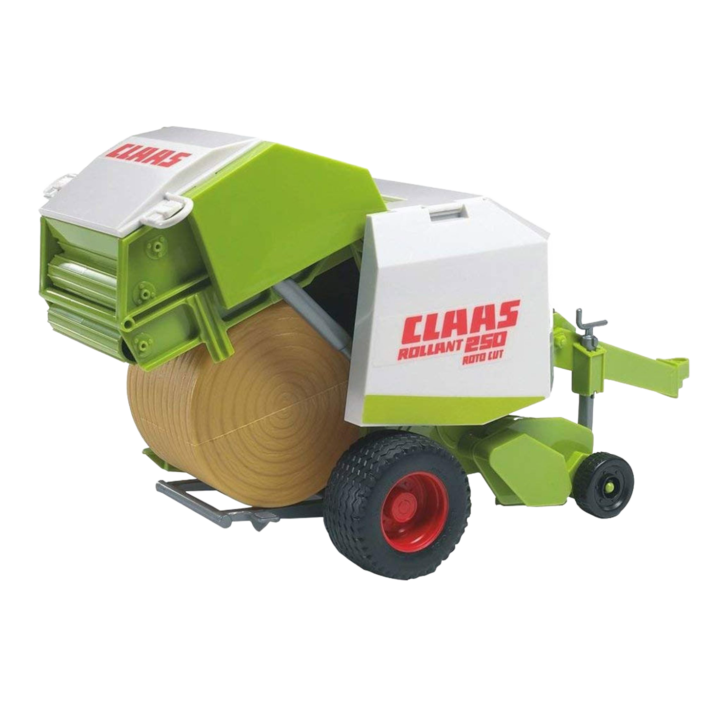 Green and white Bruder toy baler with detailed rollers and realistic round bale for Vehicles & Remote Controlled Toys collection