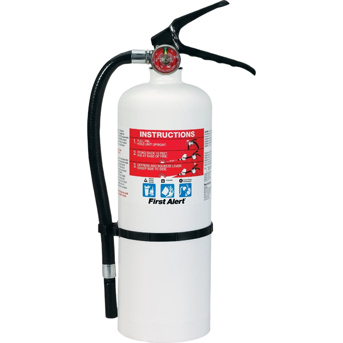 White rechargeable heavy-duty fire extinguisher with instructions label, hose, and safety gauge for fire safety and home improvement.
