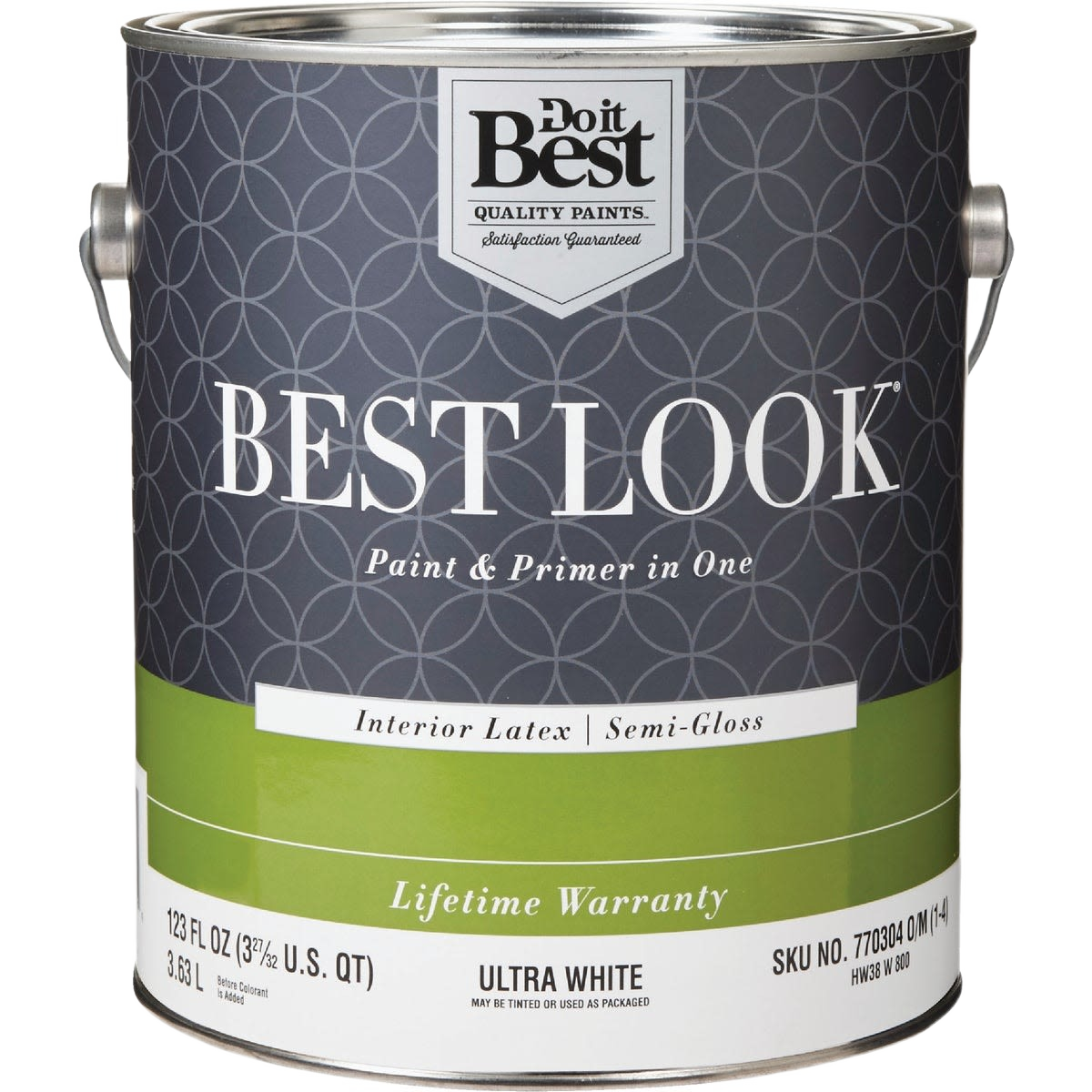 One-gallon container of ultra white interior latex semi-gloss paint and primer from home improvement collection