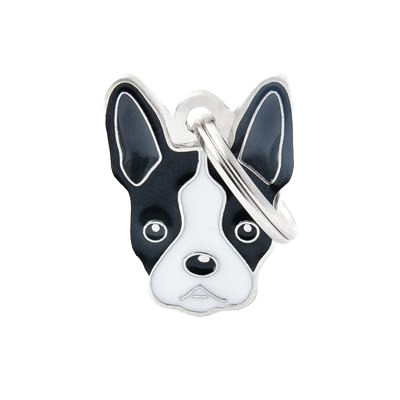 Enamel Boston Terrier pet ID tag in black and white with metal ring attachment for pet identification