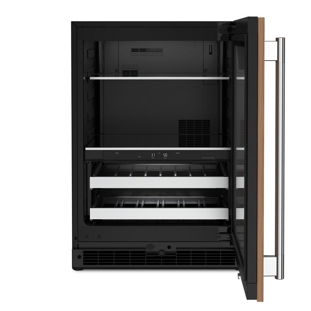 Open 24-inch panel-ready beverage center with metal-front racks, digital temperature controls in KitchenAid appliances collection