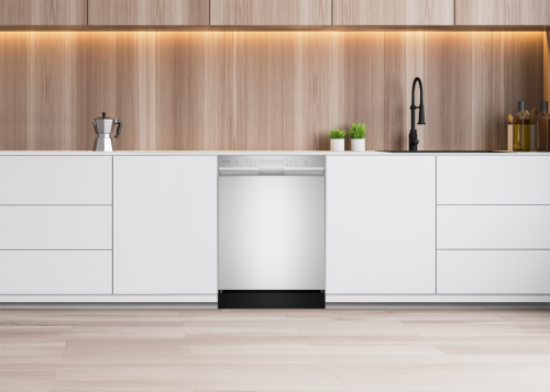 Built-in stainless steel dishwasher integrated into modern kitchen cabinetry with wood backsplash and under-cabinet lighting