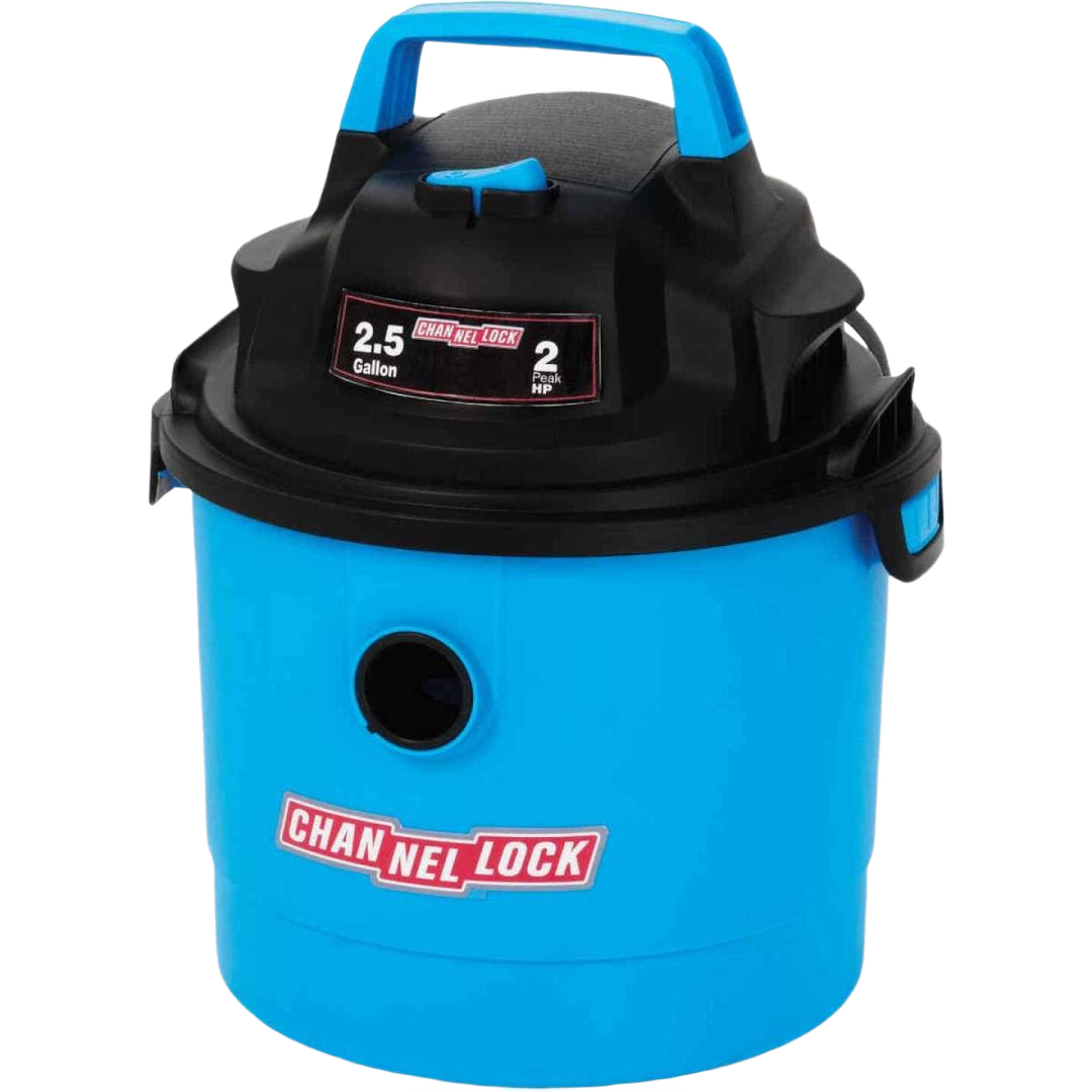 Compact blue and black 2.5 gallon wet/dry vacuum with 2 horsepower motor for tools and home improvement tasks