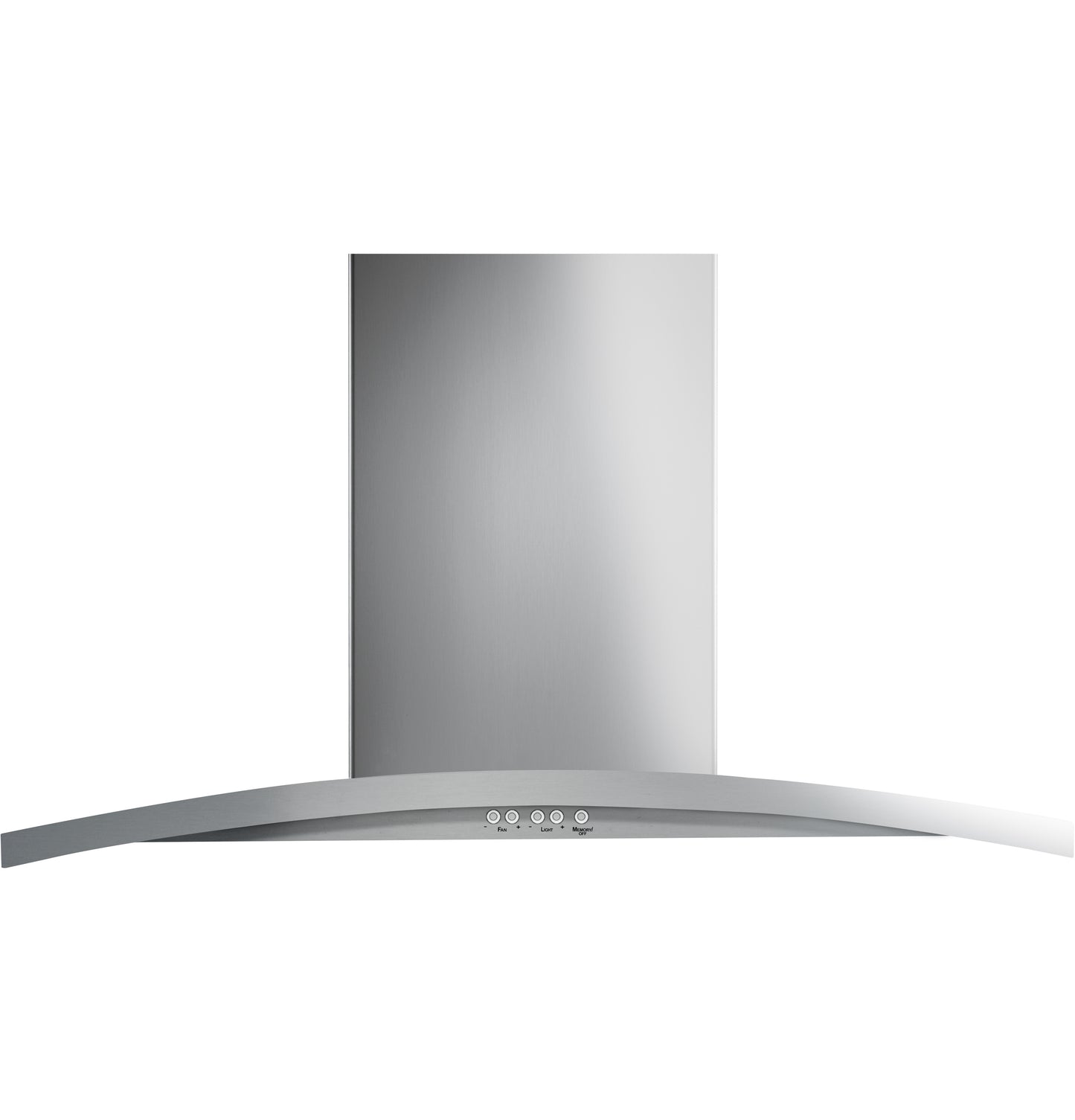 Stainless steel wall-mount range hood with curved canopy and control buttons, part of kitchen and home appliances.
