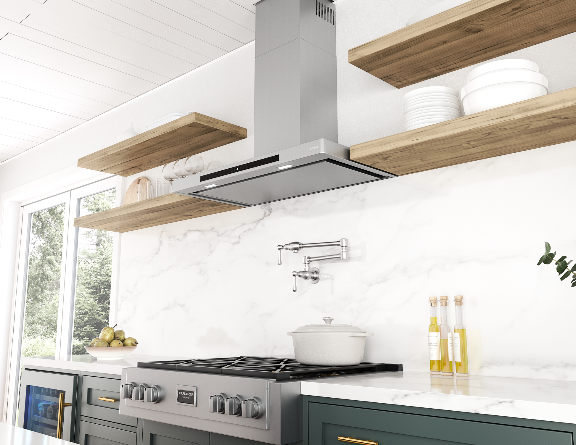 Modern stainless steel chimney hood in kitchen setting with wooden shelves, gas stove, and marble backsplash wall