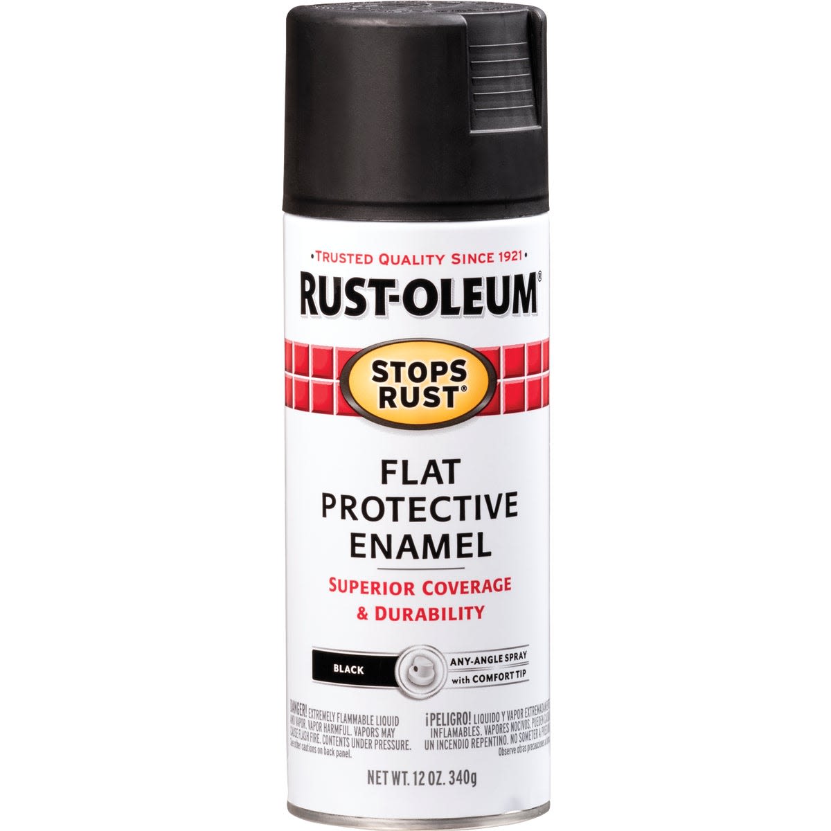 Rust-Oleum black flat enamel spray paint offering rust protection and durable coverage for home improvement projects under $50