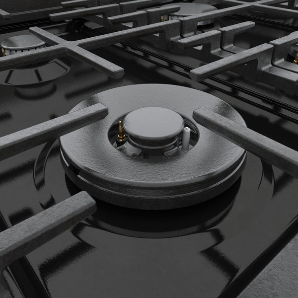 Close-up of black porcelain-enameled dual fuel range burner with heavy-duty metal grate and premium design details