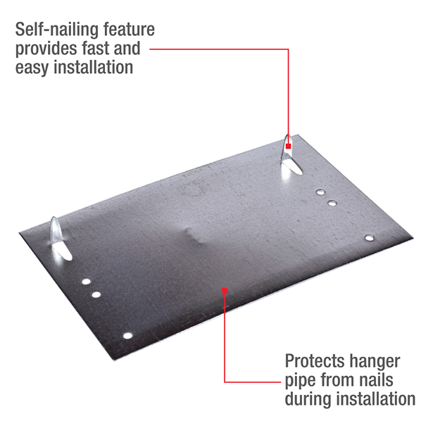 Steel mounting plate with angled self-nailing tabs and multiple holes to protect pipes during installation in home projects