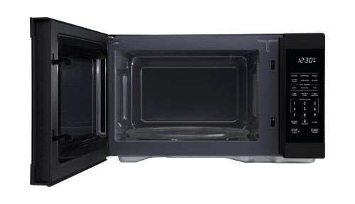 Black countertop microwave oven with open door, digital display, and preset cooking buttons from Kitchen & Kitchenware collection