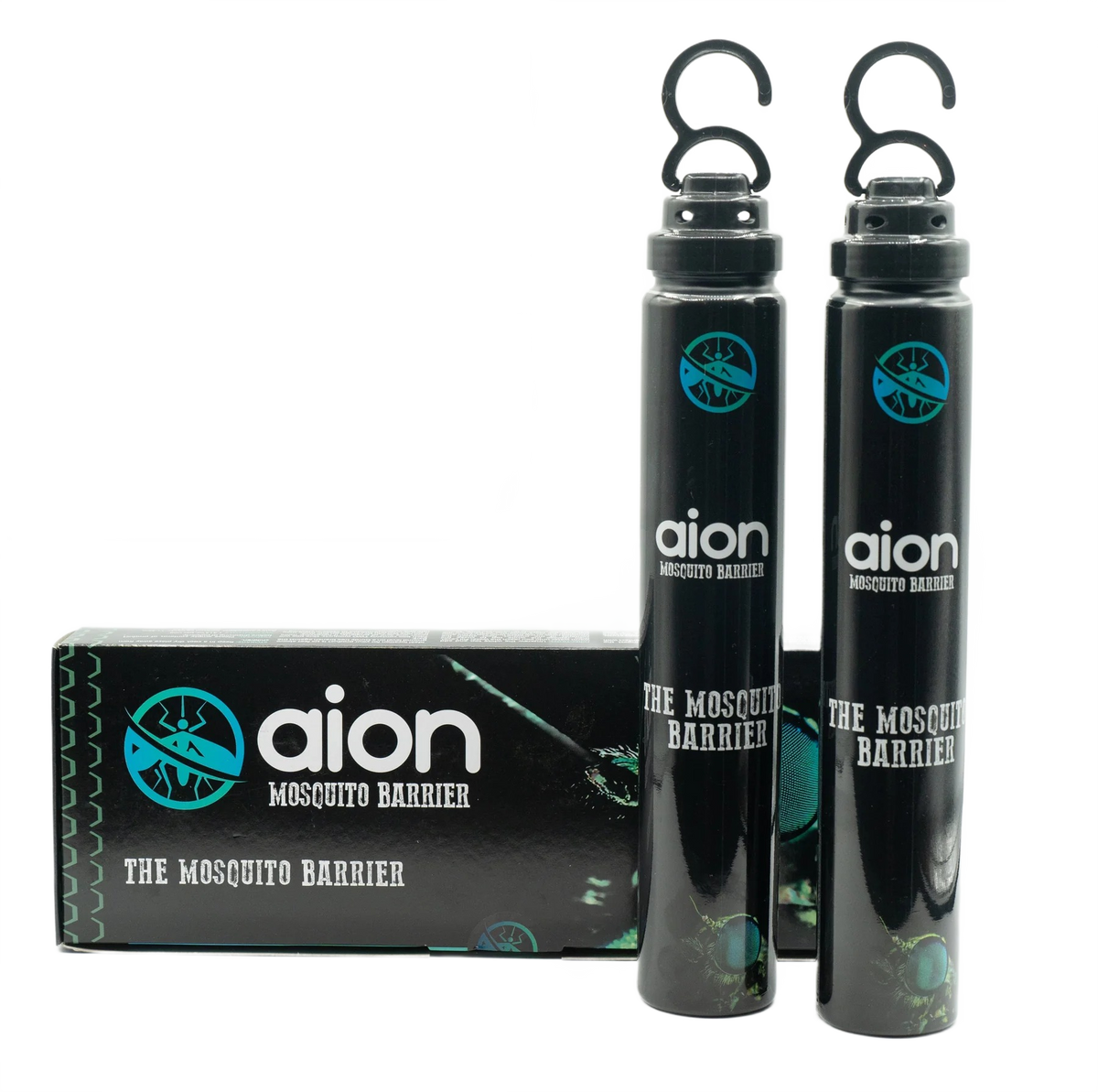 Two black Aion mosquito barrier tubes with branded box for insect and pest control under $50 collections