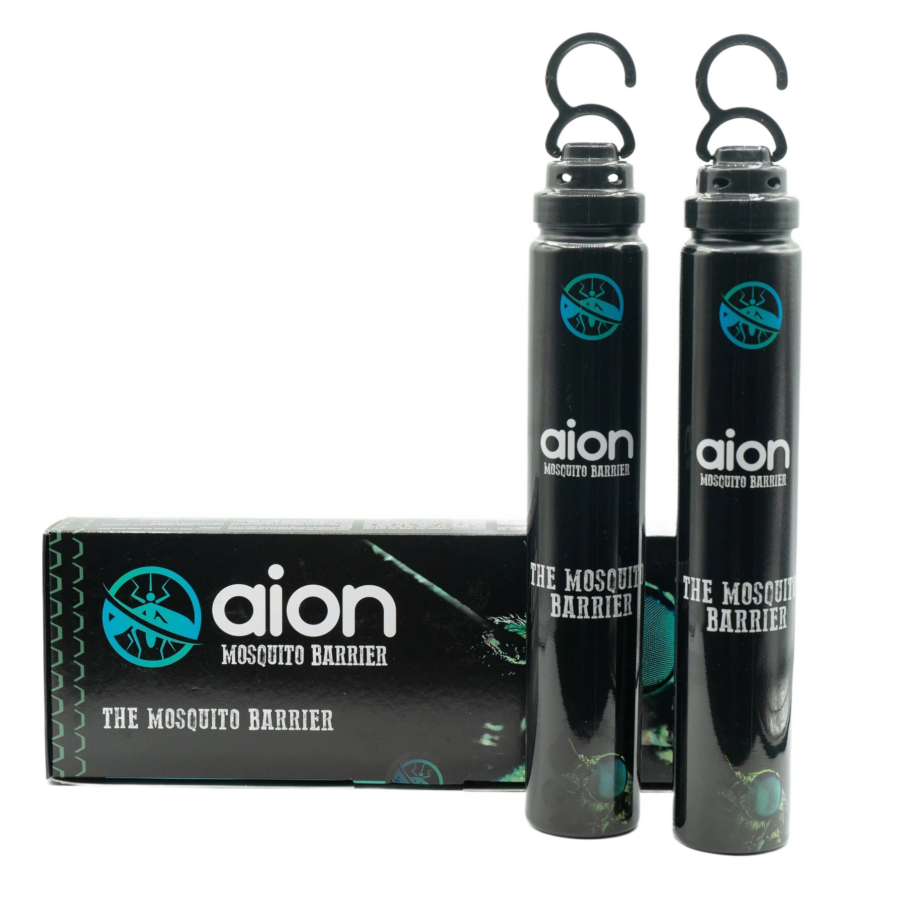 Two black Aion mosquito barrier tubes with branded box for insect and pest control under $50 collections