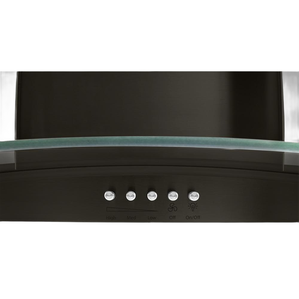 Dark stainless steel wall mount range hood with curved glass canopy and push button fan controls for kitchen ventilation