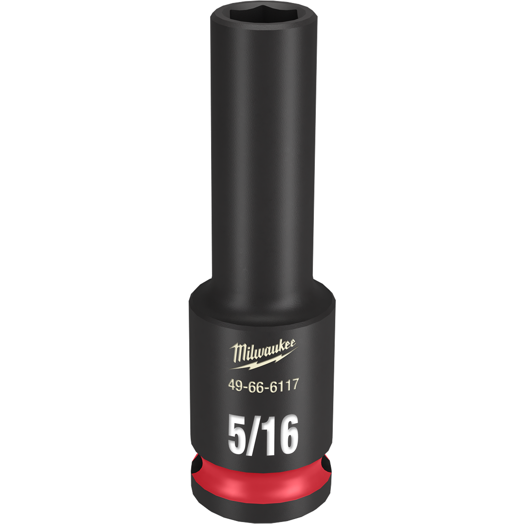 Black impact socket with 5/16 size marking and red ring for durability in hand tool and home improvement collections