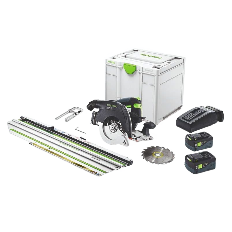 Cordless carpentry saw kit with guide rails, spare blade, dual batteries, charger, and storage case for power tool use
