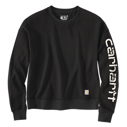 Black crewneck sweatshirt for women featuring soft fabric and bold logo text on the sleeve in casual clothing collection