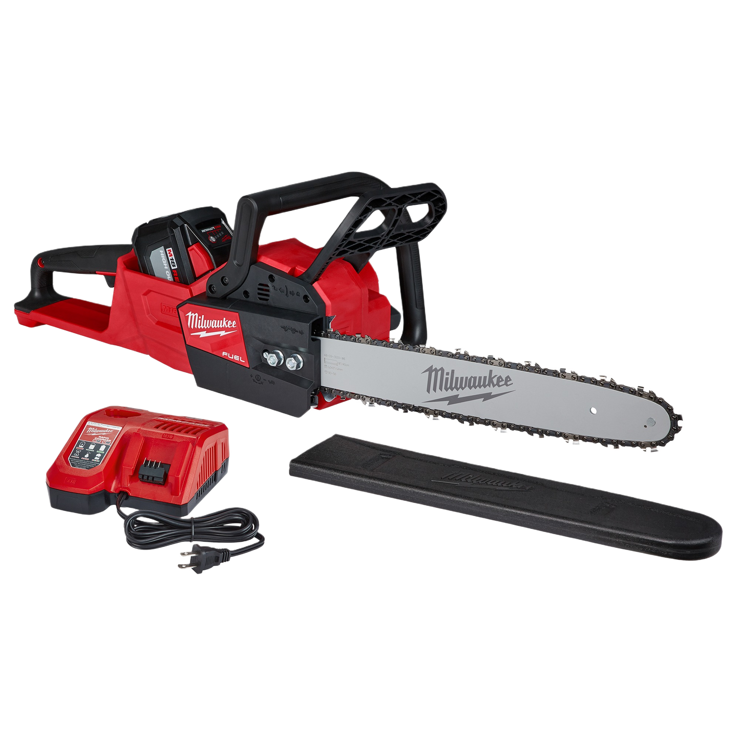 Red cordless chainsaw kit with battery, charger, and protective bar cover in outdoor power tools and chainsaws collections
