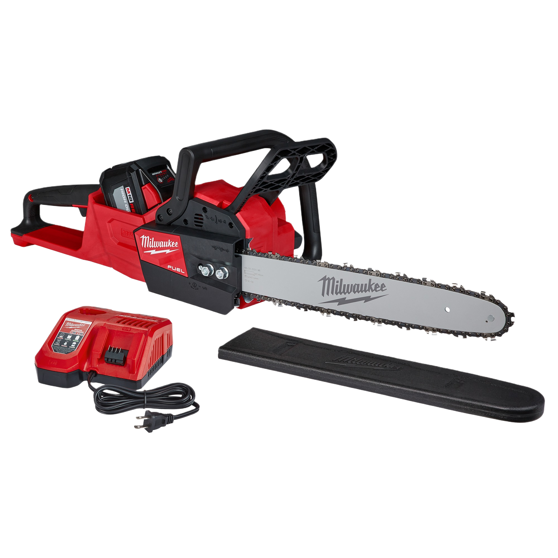 Red cordless chainsaw kit with battery, charger, and protective bar cover in outdoor power tools and chainsaws collections
