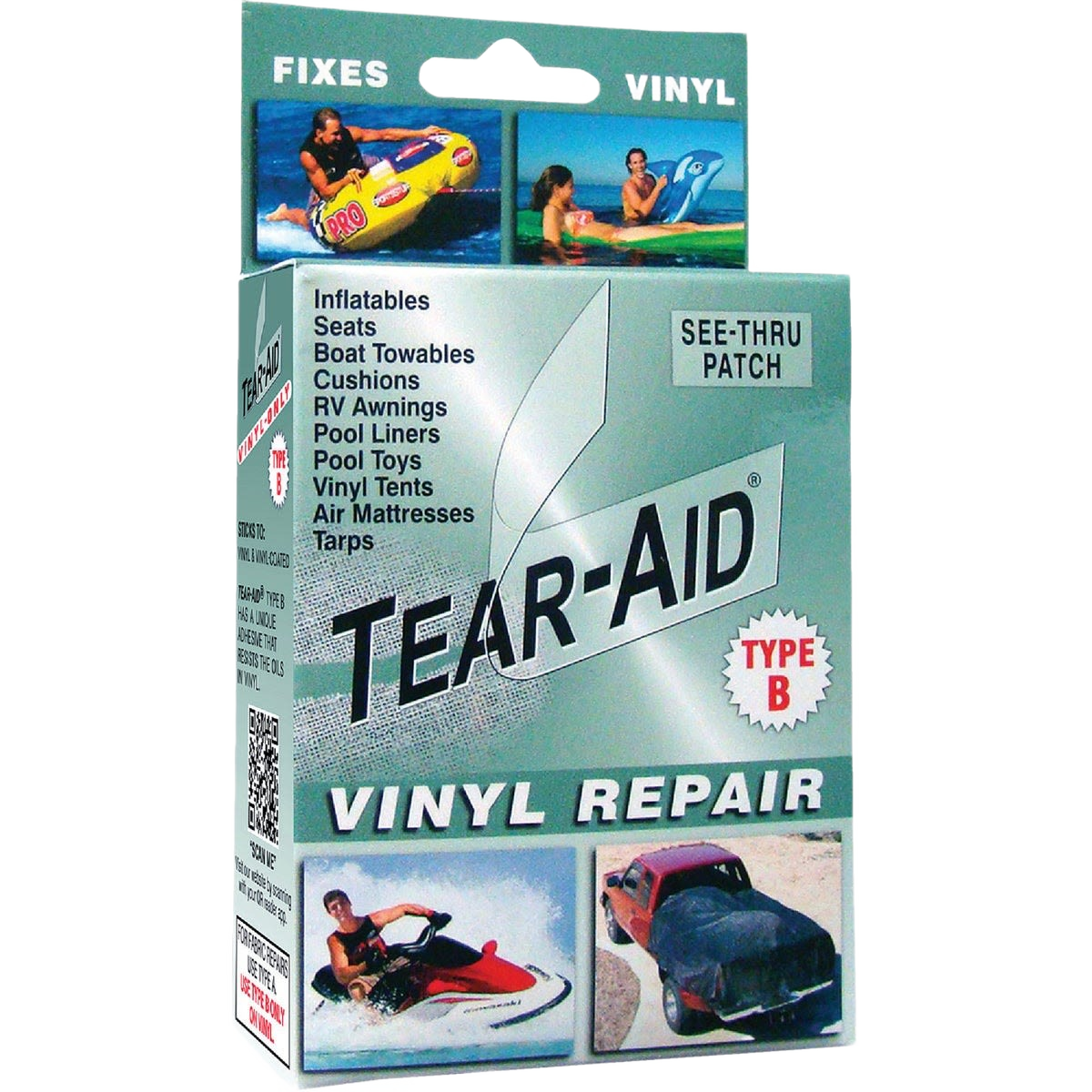 Tear-Aid Vinyl Repair Kit packaging showing transparent patch for fixing inflatables, seats, cushions, and tarps under $50