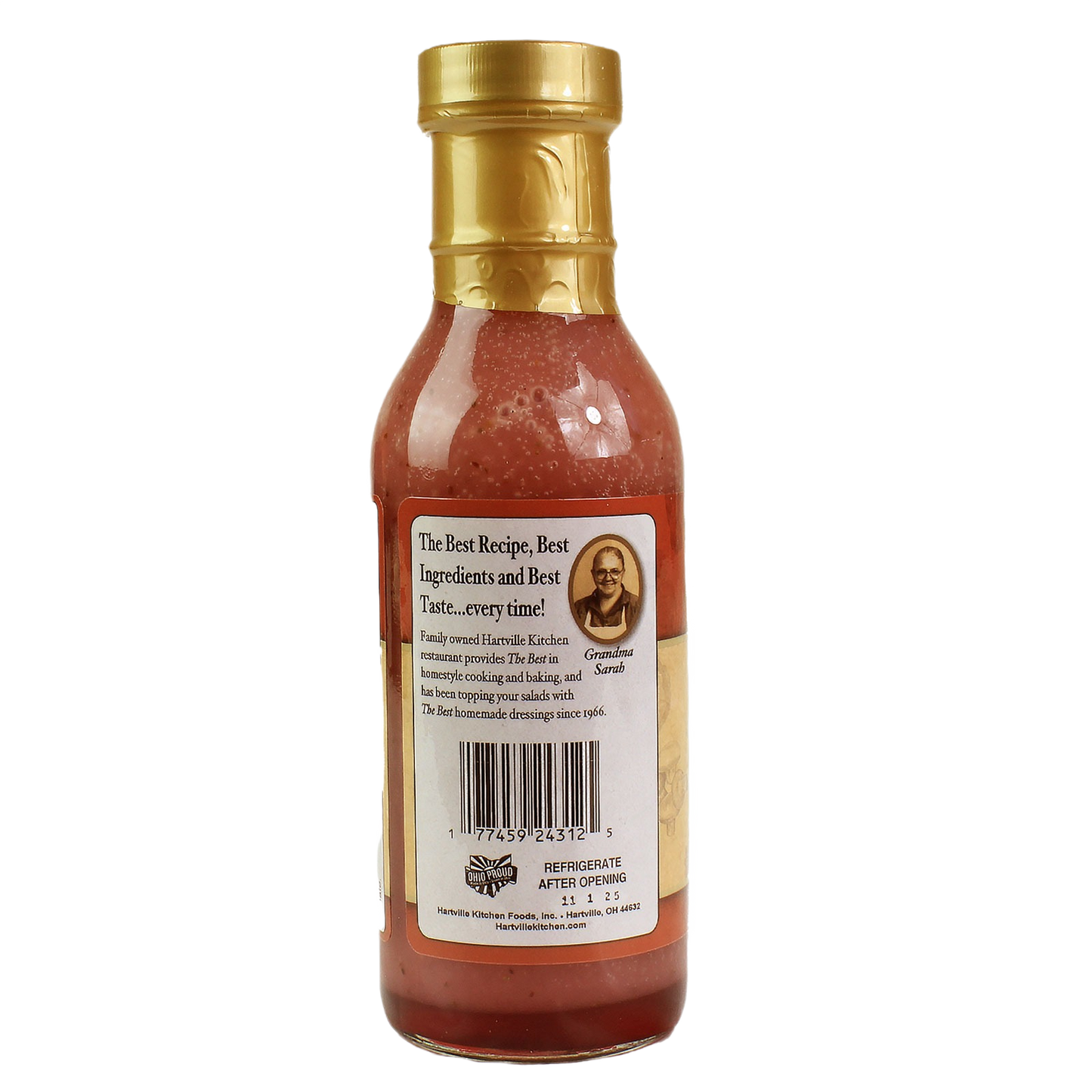 Bottle of Hartville Kitchen raspberry sweet and sour dressing with gold cap in Food & Beverage collection under $50