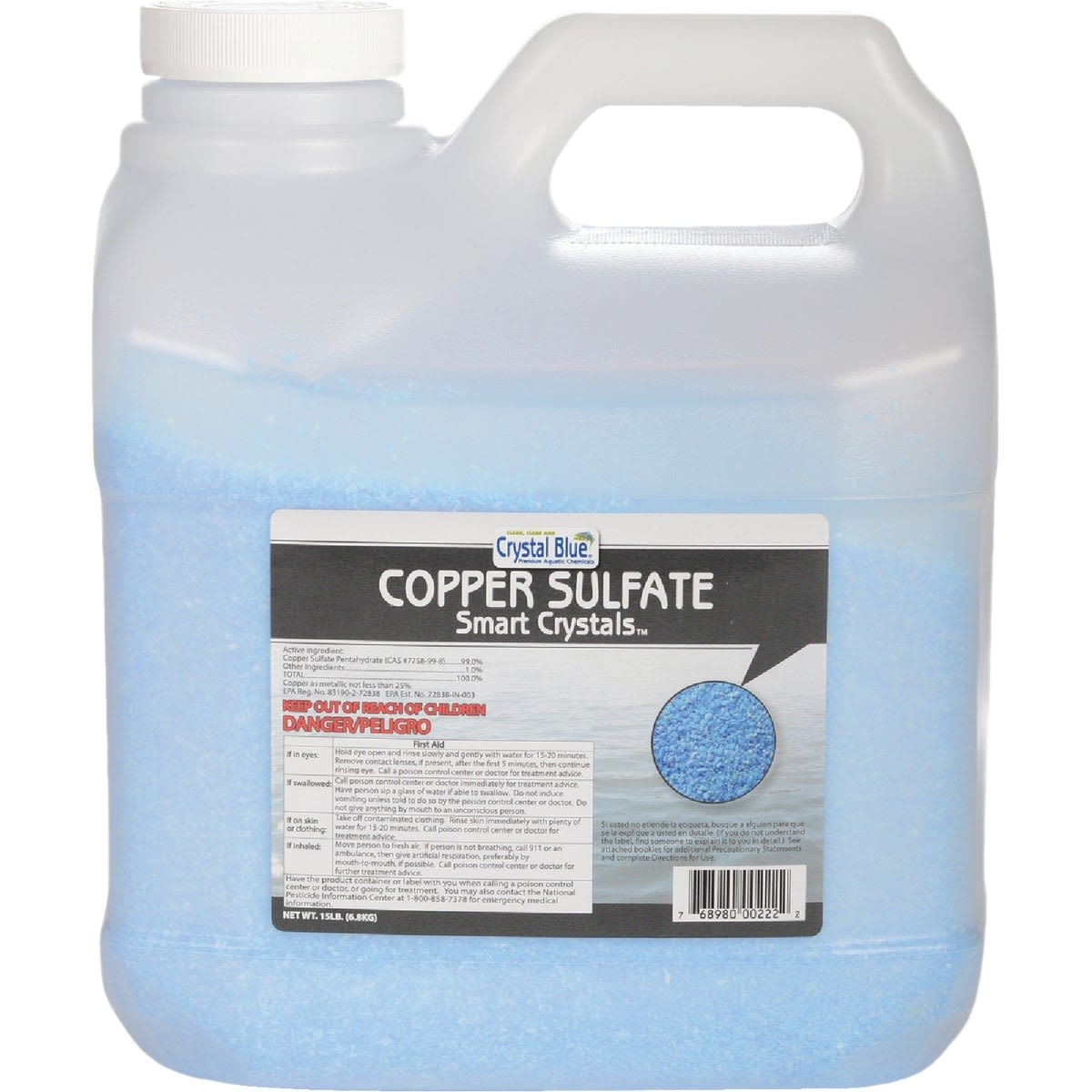Plastic jug container of blue copper sulfate crystals for pond algae control in lawn and garden products under $100