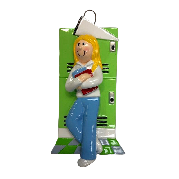 Blonde girl figurine holding books leaning against green locker for Christmas Ornaments & Tree Decorations collection