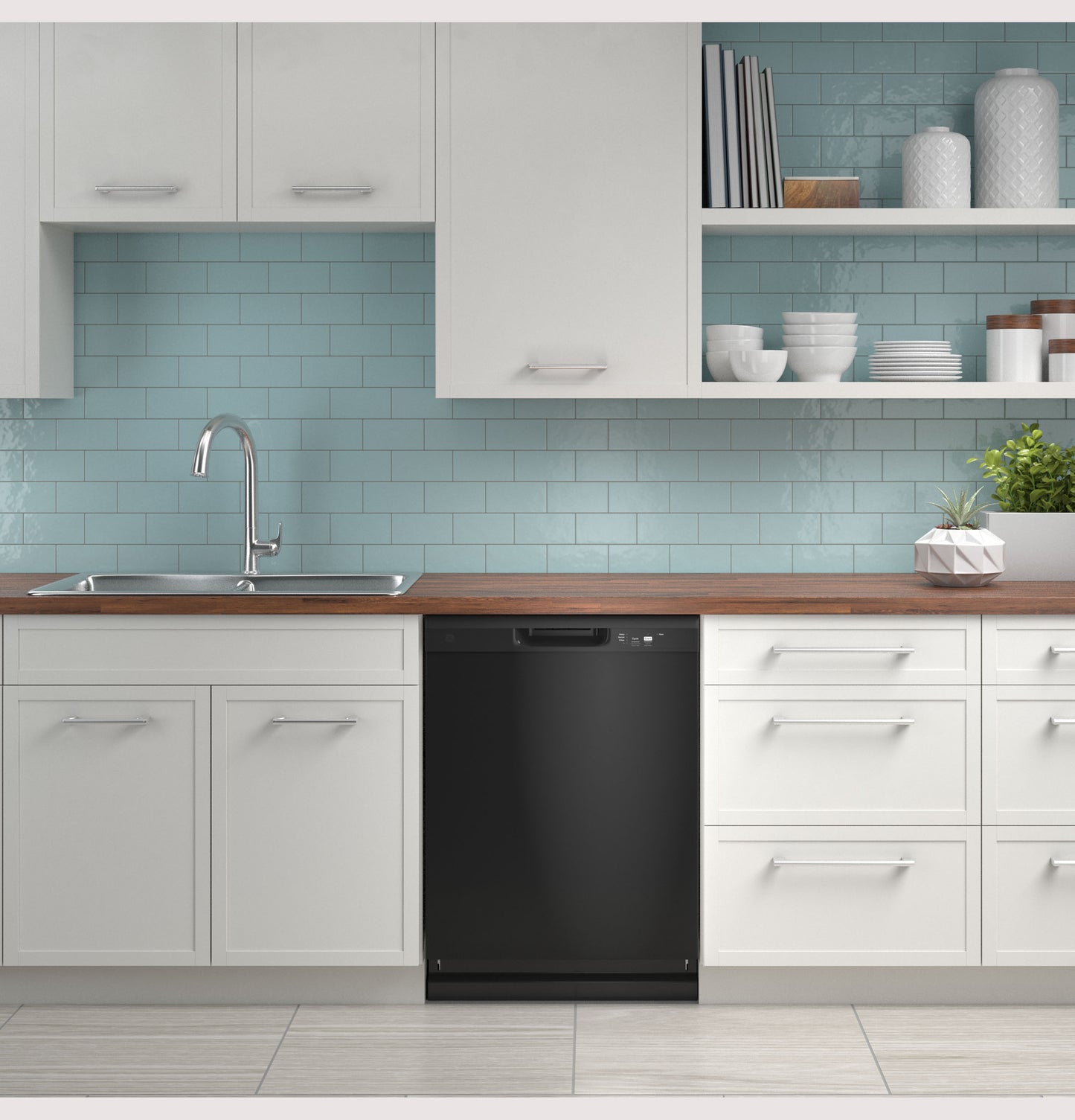 Black built-in dishwasher with front controls integrated into white cabinetry and blue tile backsplash in modern kitchen