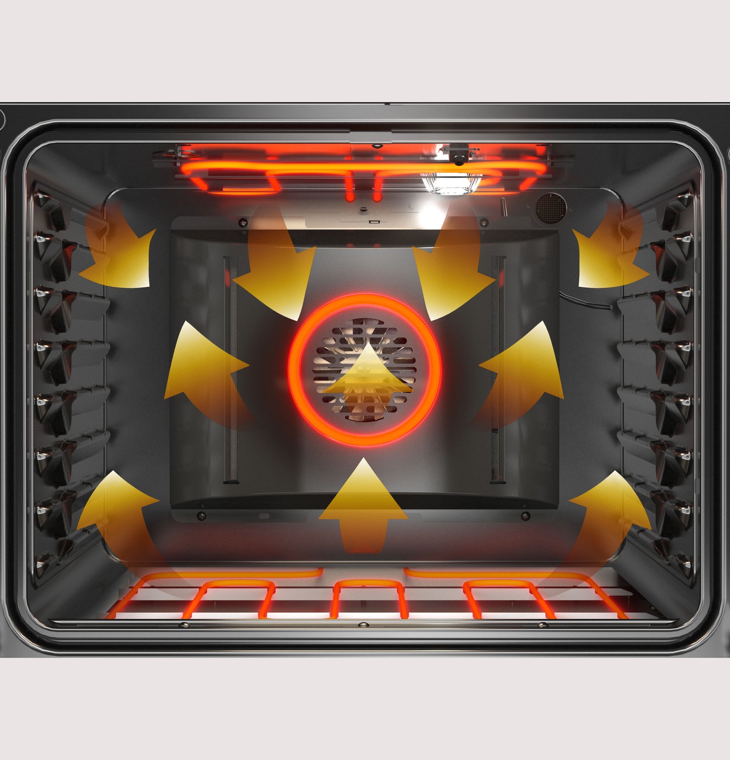 Interior view of convection oven showing fan and heat circulation arrows from ranges and kitchen appliances collection