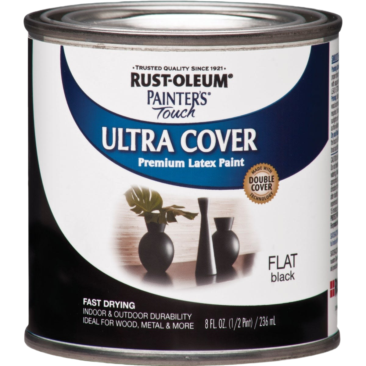 Half-pint can of black flat paint for home improvement from specialty paint and Rust Oleum collection